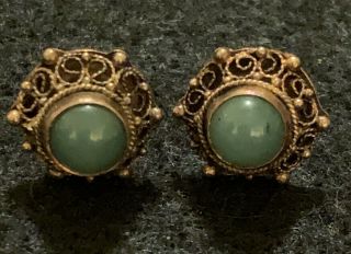 Vintage Sterling Silver 925 Natural Jade Earrings - Estate Jewelry
