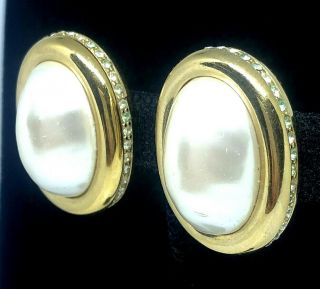 Vintage Givenchy Gold Tone Pearl & Rhinestone Earrings Clip - On