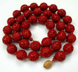 Vintage Chinese Carved Red Cinnabar Hand - Knotted Large Bead Necklace 28 " Long