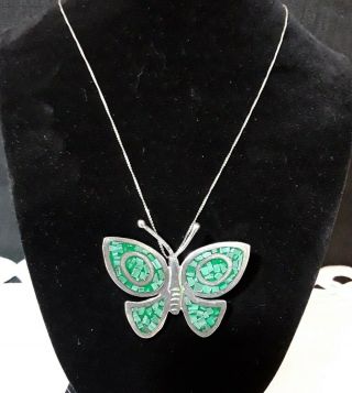 Vintage Taxco 925 Sterling Silver &turquoise Inlay Butterfly Brooch Pendant
