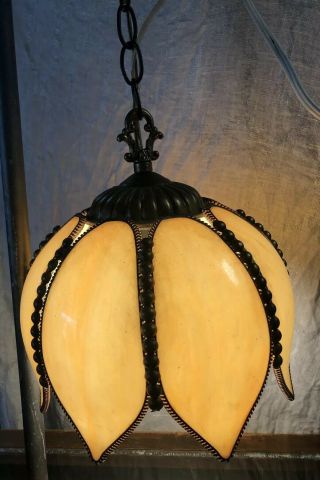 Vintage Tiffany Style Hanging Swag Lamp Ceiling Floral Style Tan Stained Glass