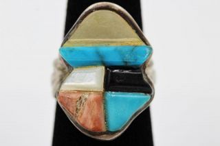 Vintage Native American Coral Turquoise Onyx Abalone Sterling Silver 6.  25 Ring