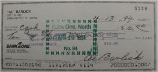 Al Barlick Hand Signed Autographed Personal Check Payable To Cash $10 5119
