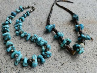 2 Turquoise Vintage Navajo Chunky Turquoise Nugget Heishi Bead Necklace 70s 120g