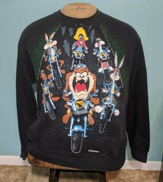 Vintage 1993 Warner Brothers Looney Tunes Motorcycle Taz Bugs Cotton Sweatshirt