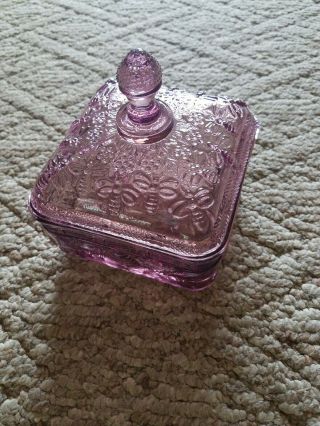 Vintage Purple Glass Honey Bee Hive Square Lidded Candy Dish With Feet Amethyst