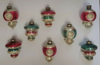8 Vtg Shiny Brite Christmas Ornaments Indent Striped Special Shaped Made - N - Usa