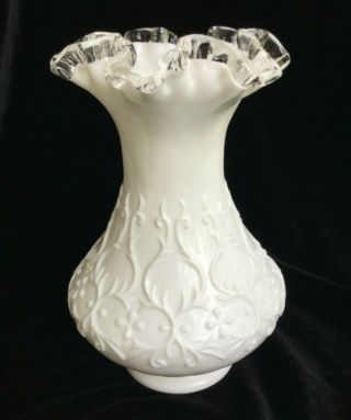 Vintage Signed Fenton Art Glass White Ruffled Vase - 8 1/2 " Tall