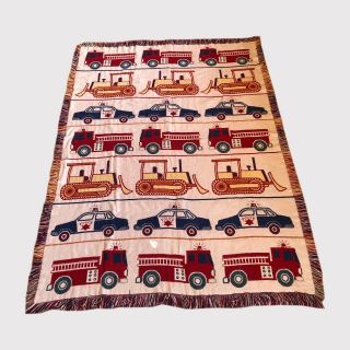 Vintage Woven Throw Police Car Fire Truck Bulldozer Kids Red White 48 X 68