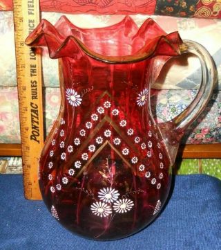 Vintage Cranberry Glass Hand Blown Ruffled Edge Pitcher Applied Flowers 9 " Tall