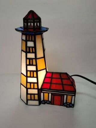 Vintage Tiffany Style Lighted Illuminated Stained Glass Lighthouse Nautical Euc