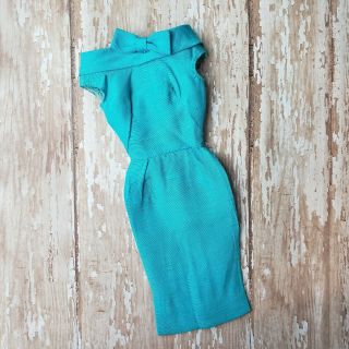 Vintage Barbie Pak Silk Sheath Turquoise Blue Dress Bow Off Shoulder Good Cond