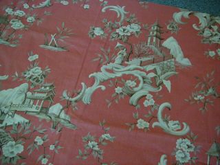 1.  3 Yards Vintage Chinoiserie Upholstery Fabric Remnant Coral Pink Beige White
