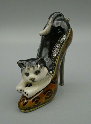 Vintage Black & White Cat in a High Heel Shoe Pump with Rhinestones Hinged Box 2