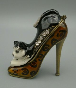Vintage Black & White Cat in a High Heel Shoe Pump with Rhinestones Hinged Box 3