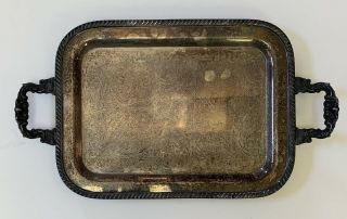 Vintage Sheffield Silver On Copper Lg Rectangular Footed Serving Tray W/handles