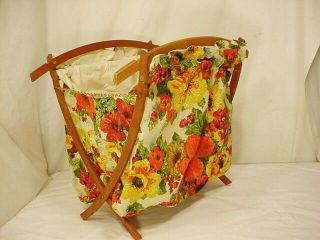 Vtg Folding Sewing Basket Knitting Yarn Bag Tote Caddy Fabric Mcm Floral
