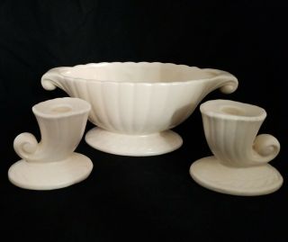 Vintage Mid - Century Mccoy Usa 3 Piece Set Centerpiece Bowl Candle Holders Cream