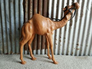 15” Tall Vintage Old Handmade Leather Camel Statue Figure