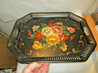 Vintage Toleware Black Metal Serving Tray With Hand Painted Flowers 20 " X16 " - Nr