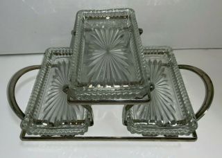 Vintage 3 - Tier Serving Stand W/ Oblong Glass Dishes On Silver Chrome Stand