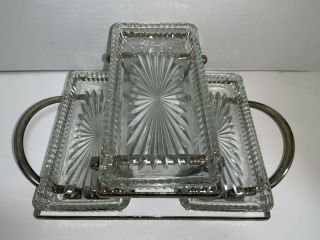 Vintage 3 - Tier Serving Stand w/ Oblong Glass Dishes on Silver Chrome Stand 3