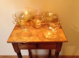 Cambridge Yellow Vintage Glass 6 Cups 6 Saucers 6 Dessert Plates Signed