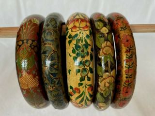 Set Of 5 Vintage Papier Mache Hand Painted Bangle Bracelets Kashmir India Boho
