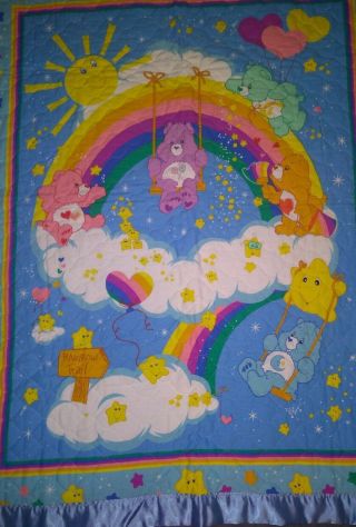 Vintage Care Bears Quilt Baby Blanket Crib Blanket Rainbow Trail Satin Trim