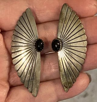 Vintage Native American Sterling Black Onyx Scalloped Edge Large 2”long Earrings
