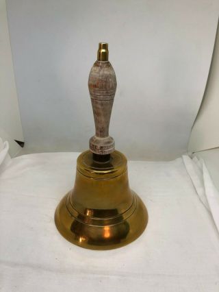 Vintage Brass Hand Bell With Wooden Handle Large Teacher’s Bell 10” Tall