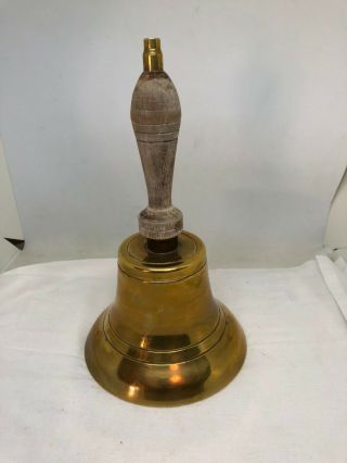Vintage Brass Hand Bell With Wooden Handle Large Teacher’s Bell 10” Tall 2