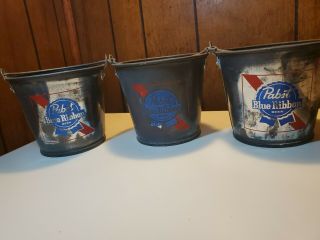 Vintage Pbr Souvenir Set Of 4 Metal Buckets Mancave,  Bar