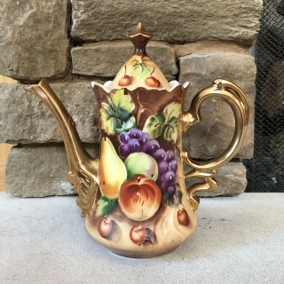 Vintage Lefton China Hand Painted Heritage Fruit Gold Teapot 20591