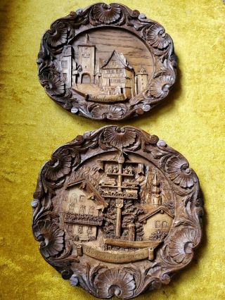 Vintage Wood Resin 3d Carved German Wall Plaque Hand Crafted (set Of Two)