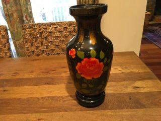 Vintage Asian Black Lacquer Vase W Attached Base/stand - Orange/red Roses