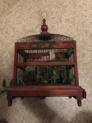 Vintage Wood & Metal Wire Bird Cage Spring Door Wood Floor Pullout For Cleaning