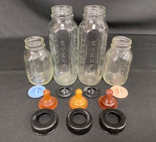1950s Evenflo Usa 4oz & 8oz Glass Baby Bottles W/ Black Rings & Nipples Vintage