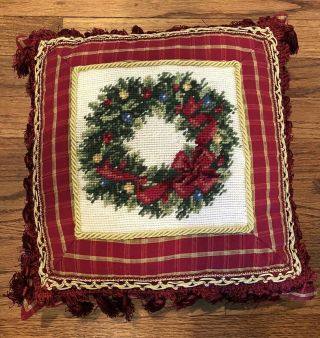 Vintage Christmas Wreath Needlepoint Pillow Tassels 13” X 13”