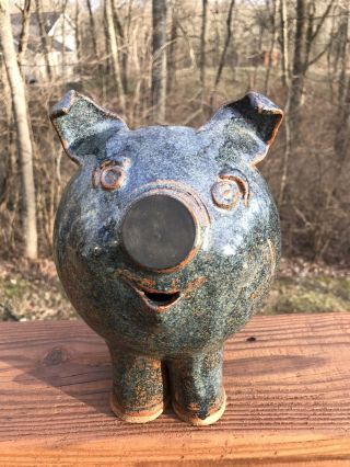 Vintage Stoneware Pottery Piggy Bank Blue Glaze Unique Design Plug Nose Pig Bank