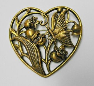 Vintage 2 1/4 " Gold - Tone Brass Heart Shape Pin / Brooch - Butterfly