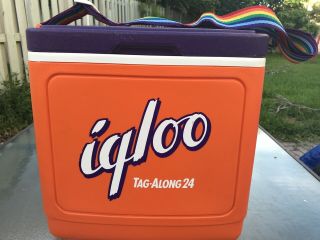 Vintage Igloo Tag Along Cooler Purple And Orange With Rainbow Strap