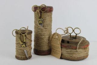 Vintage Set 3 Wooden Spools W Twine And Scissors India Sewing Primitive Decor D1