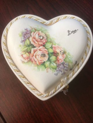 Vintage Berger Porcelain Heart Trinket Box Floral Clear Rhinestones Italy