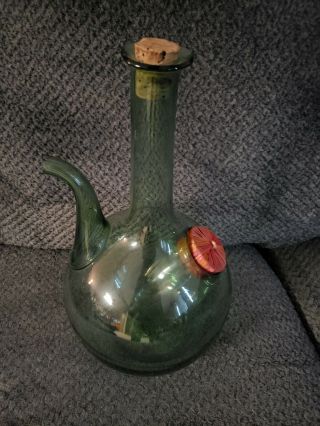 Vintage Green Hand - Blown Glass Wine Decanter/jug With Insert Chiller & Stoppers