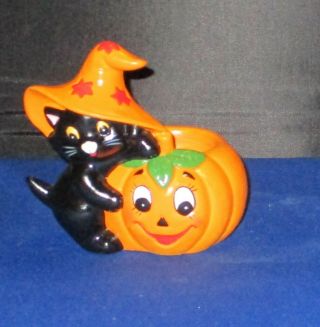 Vintage Lefton Halloween Black Cat Figurine With Pumpkin Candle Holder
