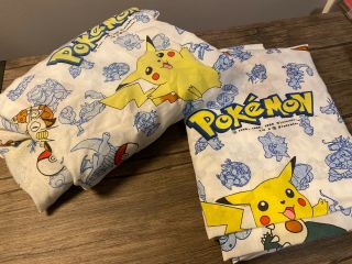 2 Vintage 1998 Pokemon Twin Flat & Fitted Bed Sheet Est Pikachu Fabric Craft