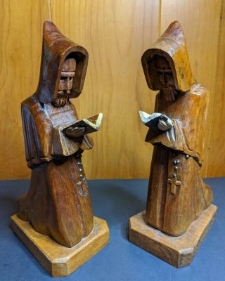 Vintage Friar Monk Hand Carved Wood Bookends Bible Wooden - 9.  5 