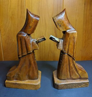Vintage Friar Monk Hand Carved Wood Bookends Bible Wooden - 9.  5 