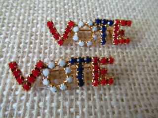 2 Vintage Patriotic Red White Blue Pronged Milk Glass " Vote " Pin/brooch Election